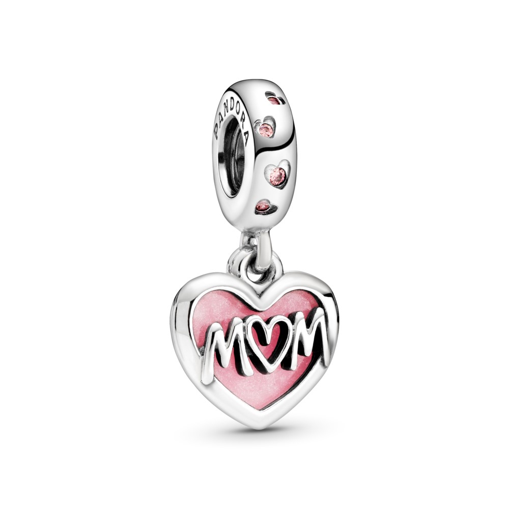 Mum sterling silver dangle with fancy fairy tale pink cubic zirconia and shaded pink enamel