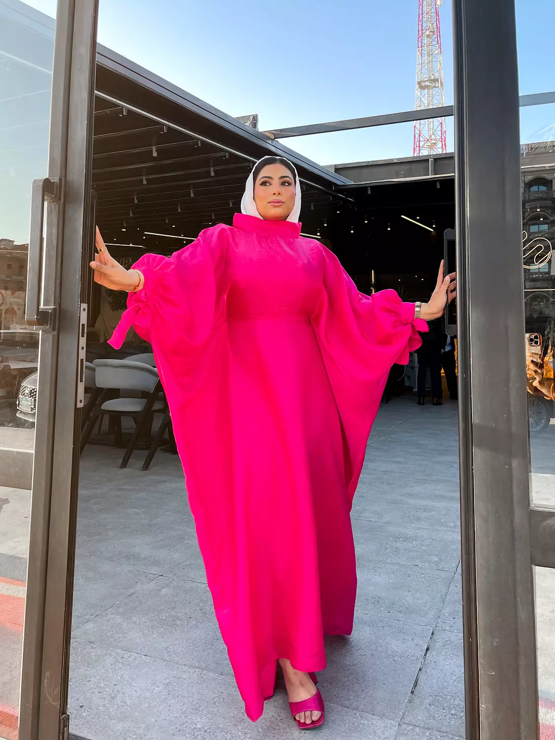 Puffed Sleeves Abaya-dress in Hot Pink 1