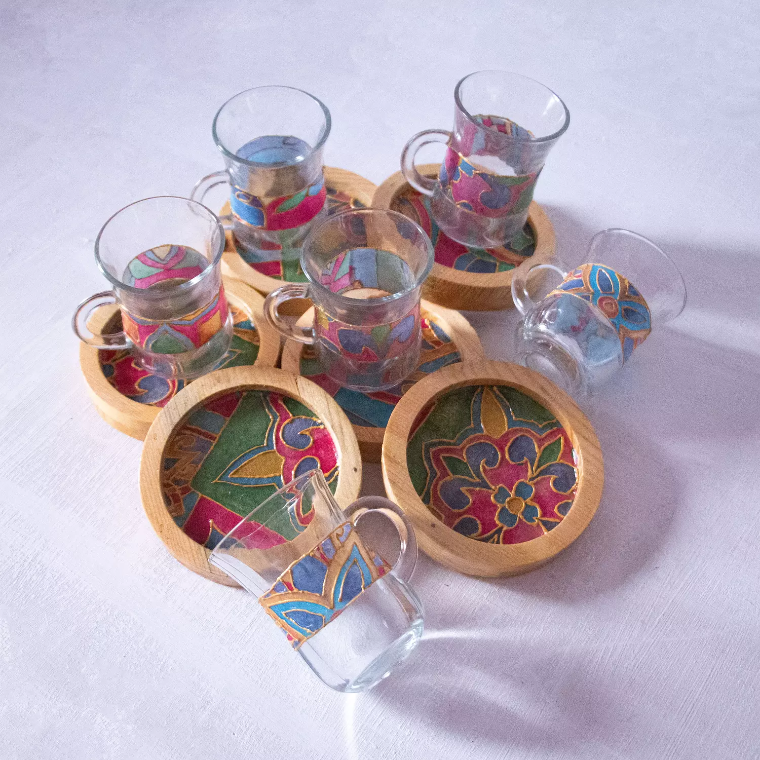 Arabic Blossom Glass Set-Wooden Coasters 8