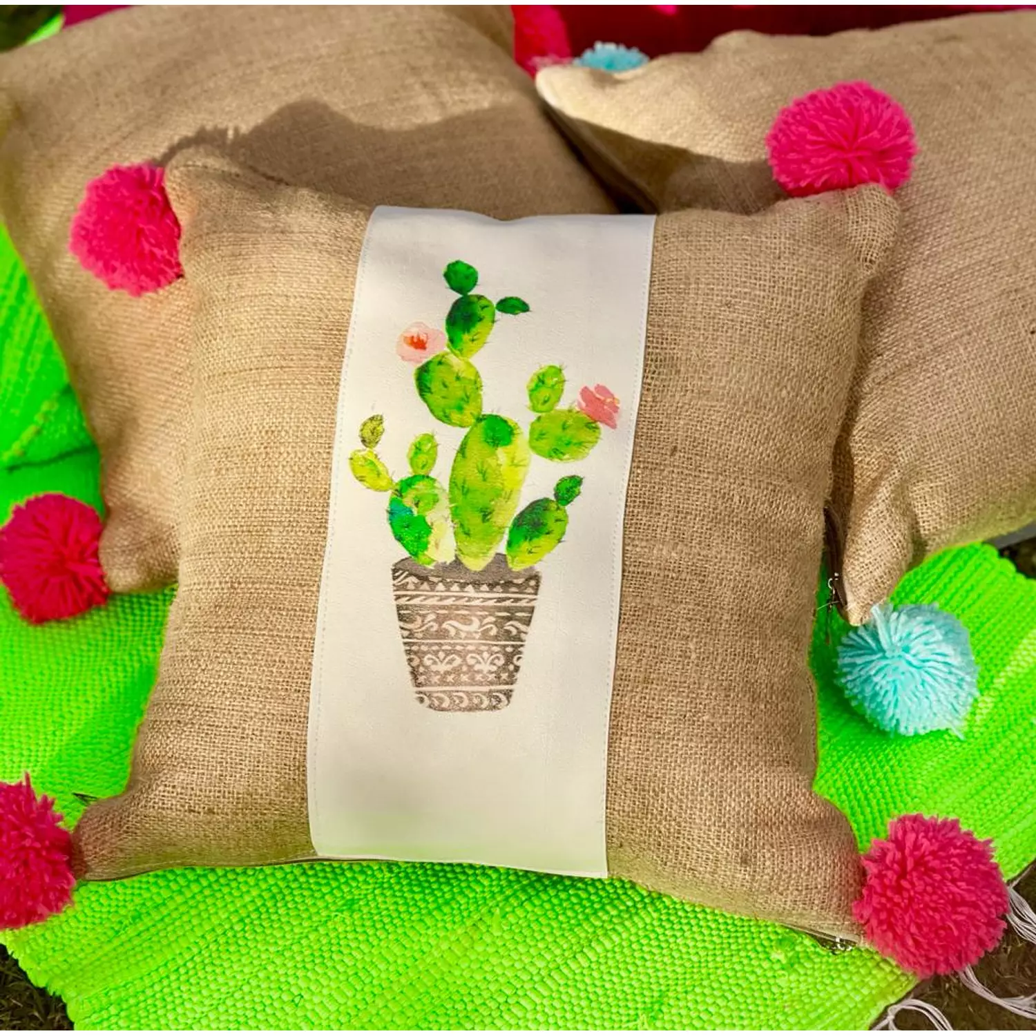 The Burlap Cactus with Fushia Pompoms 2