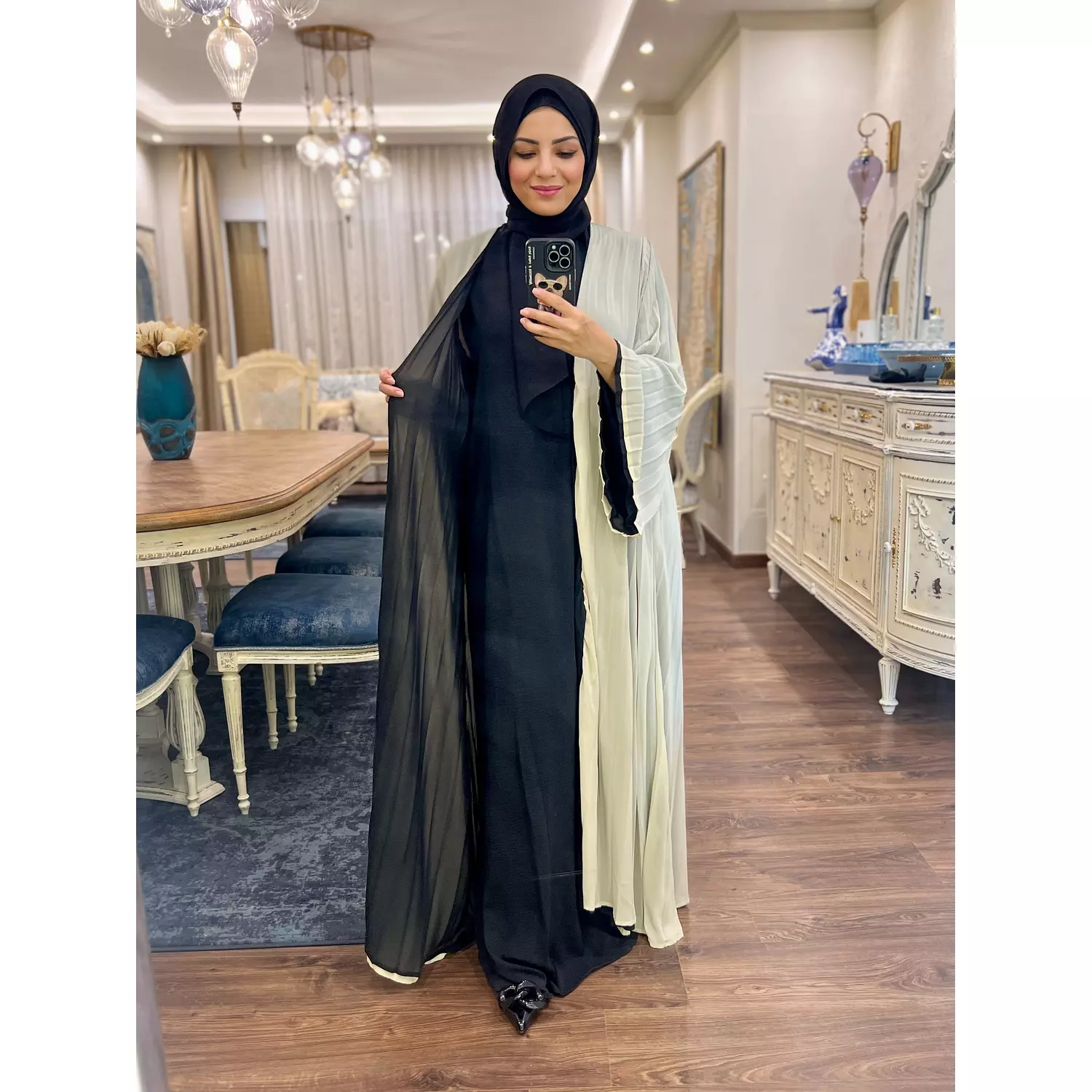 Double-faced Pleated Open Abaya- Black & Beige-2nd-img