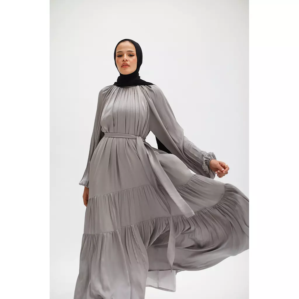 Shimmery Satin Layered Dress in Grayish