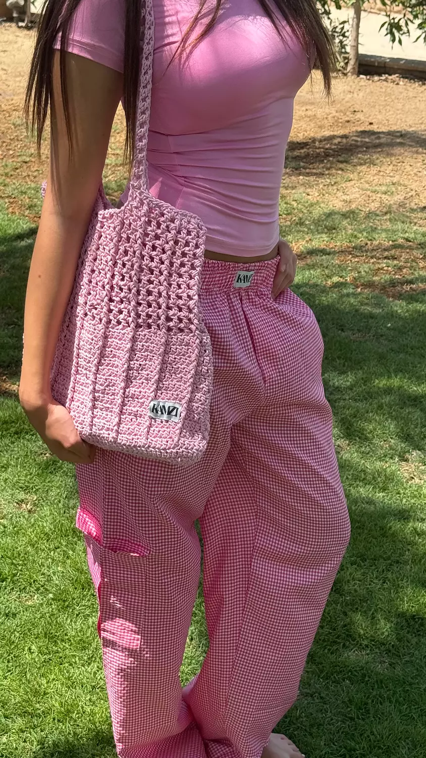 Baby pink gingham squared cargo pants  2