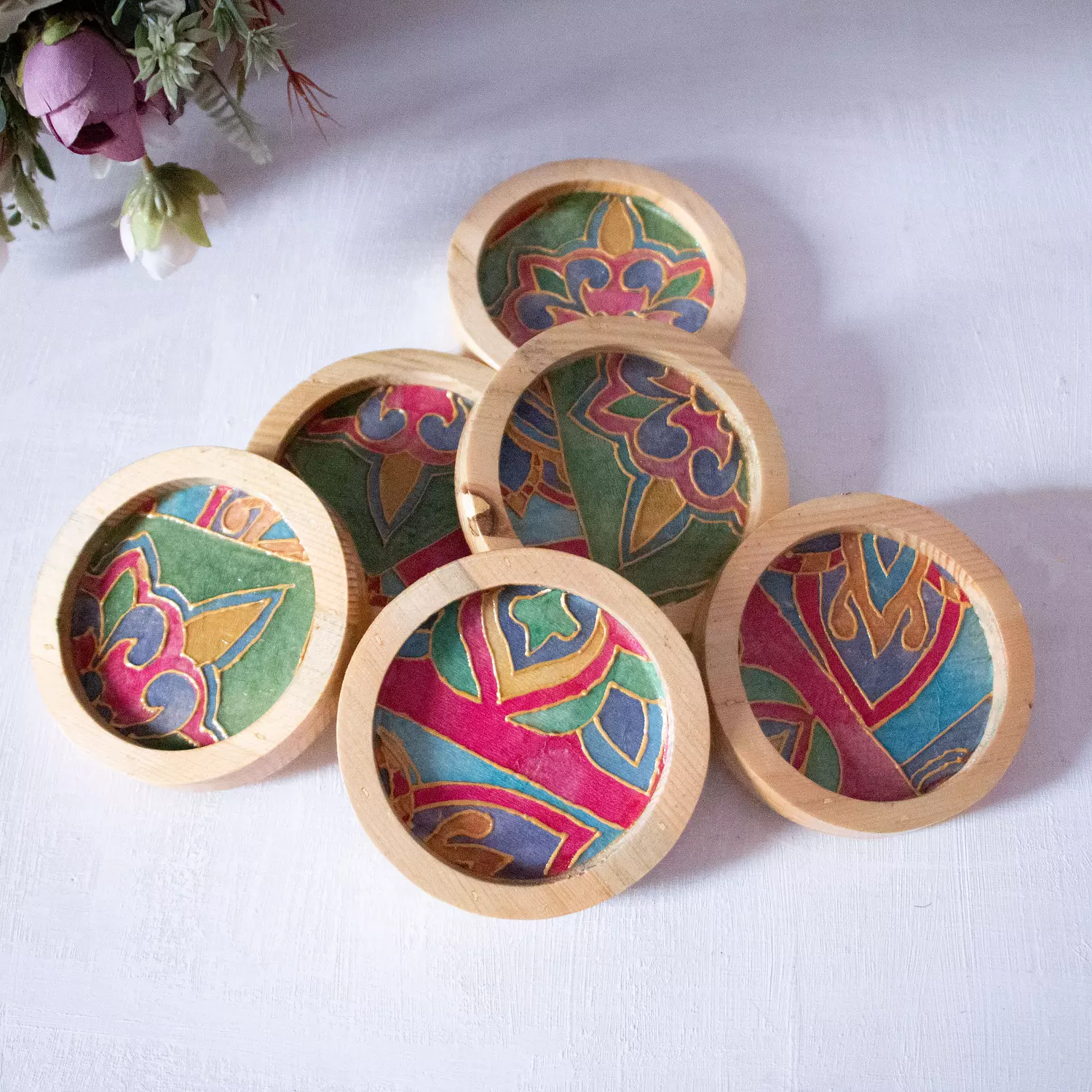 Arabic Blossom Glass Set-Wooden Coasters 5