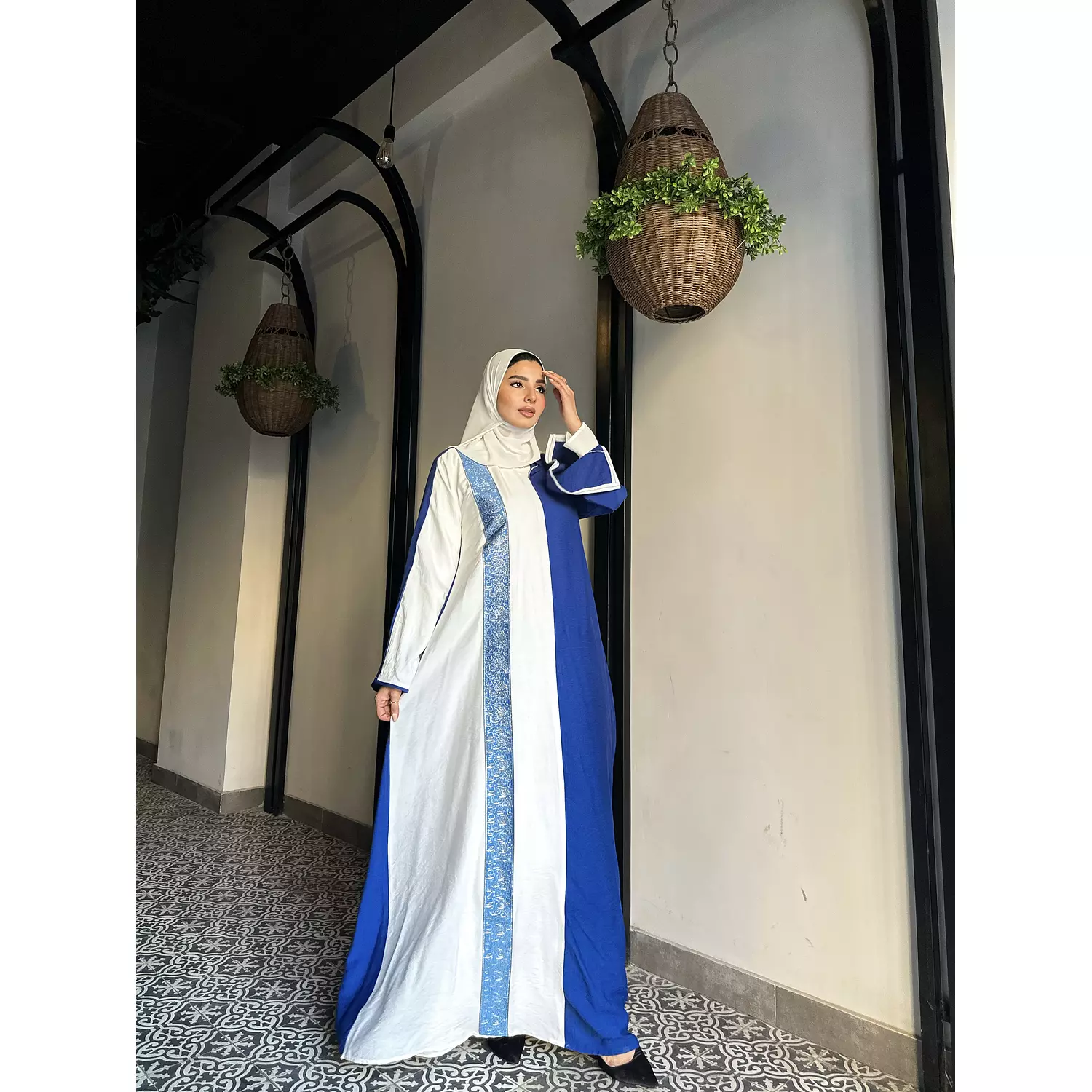 white x blue closed abaya   2