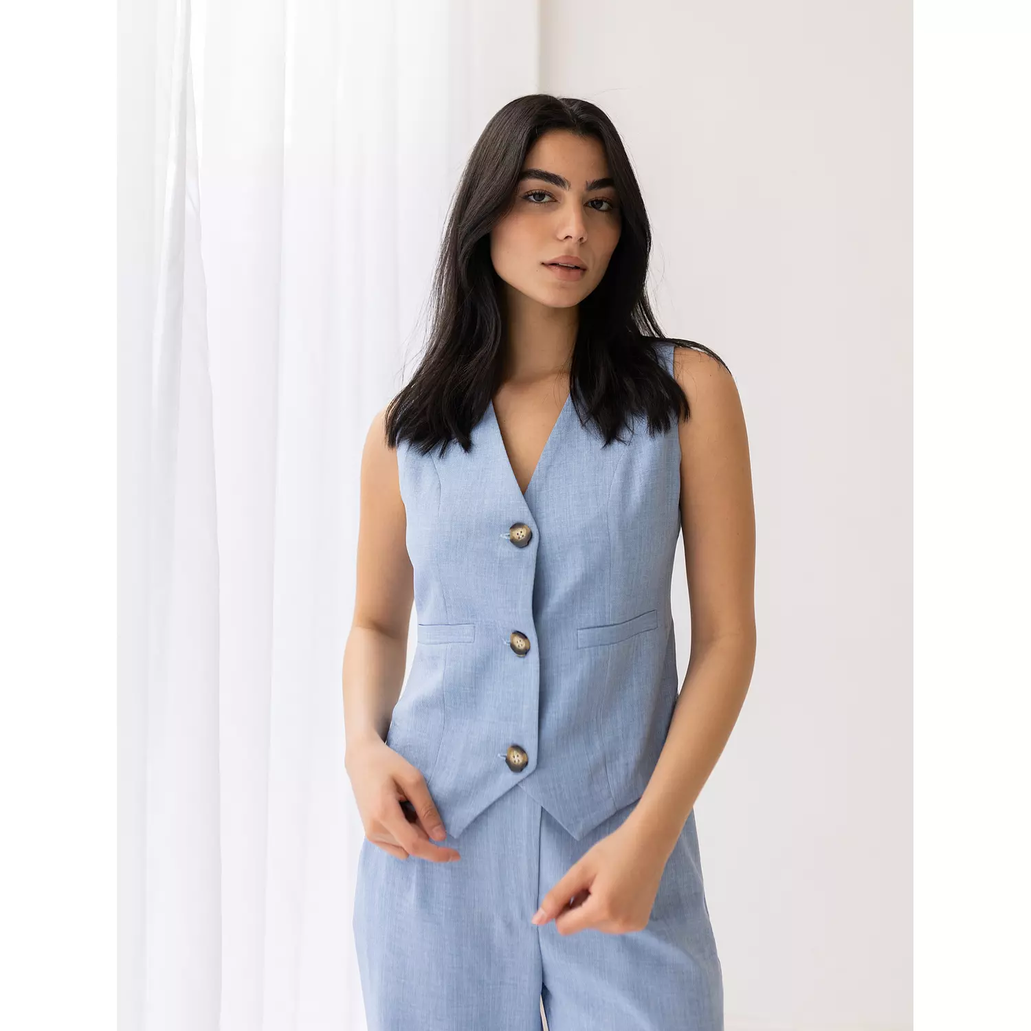 Sky blue linen cropped vest  hover image