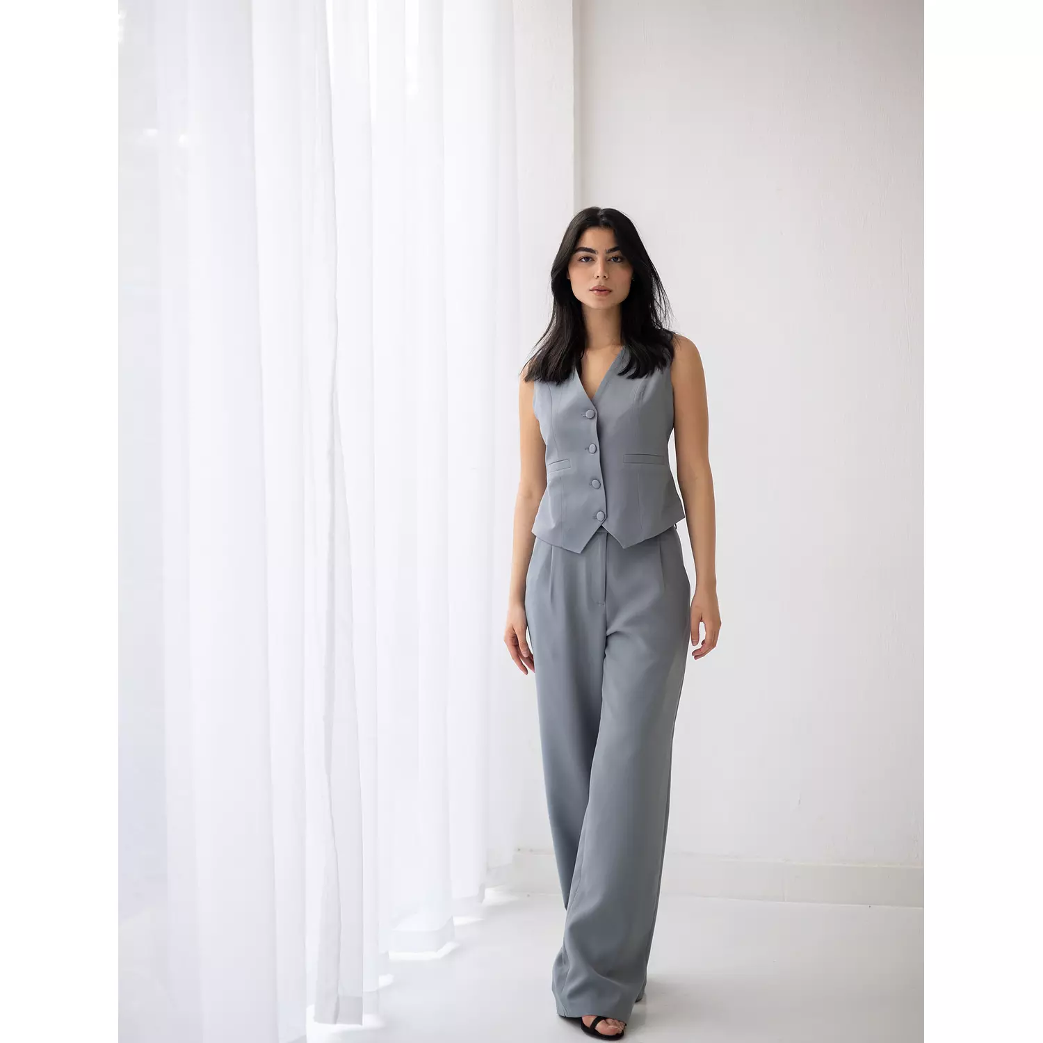 Iron gray wide-leg straight mid pants  hover image