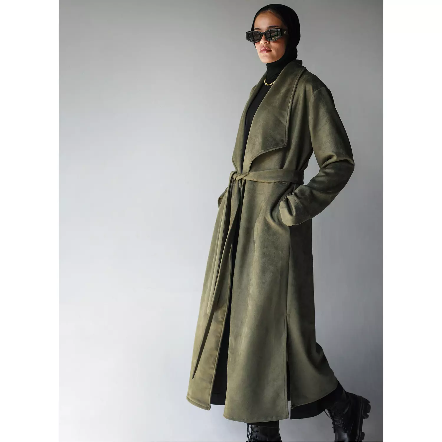 Suede Coat in Olive 2