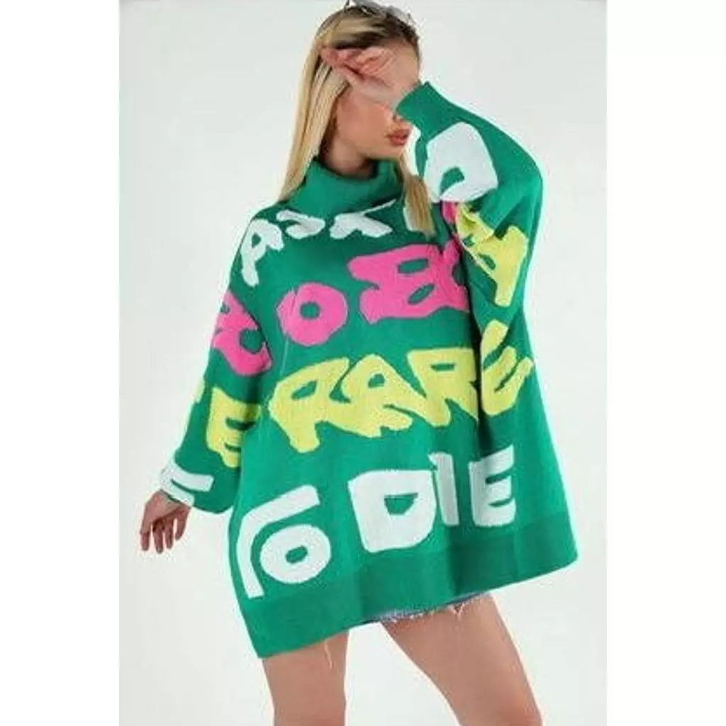 Green Women's Oversize Letter Patterned Turtleneck Poncho Knit Sweater