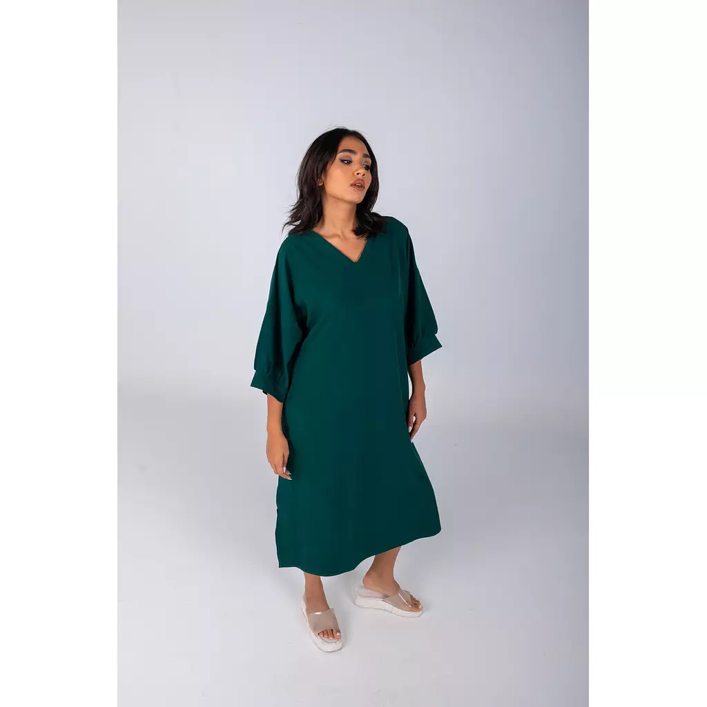 Dark Green Plain Linen Dress 