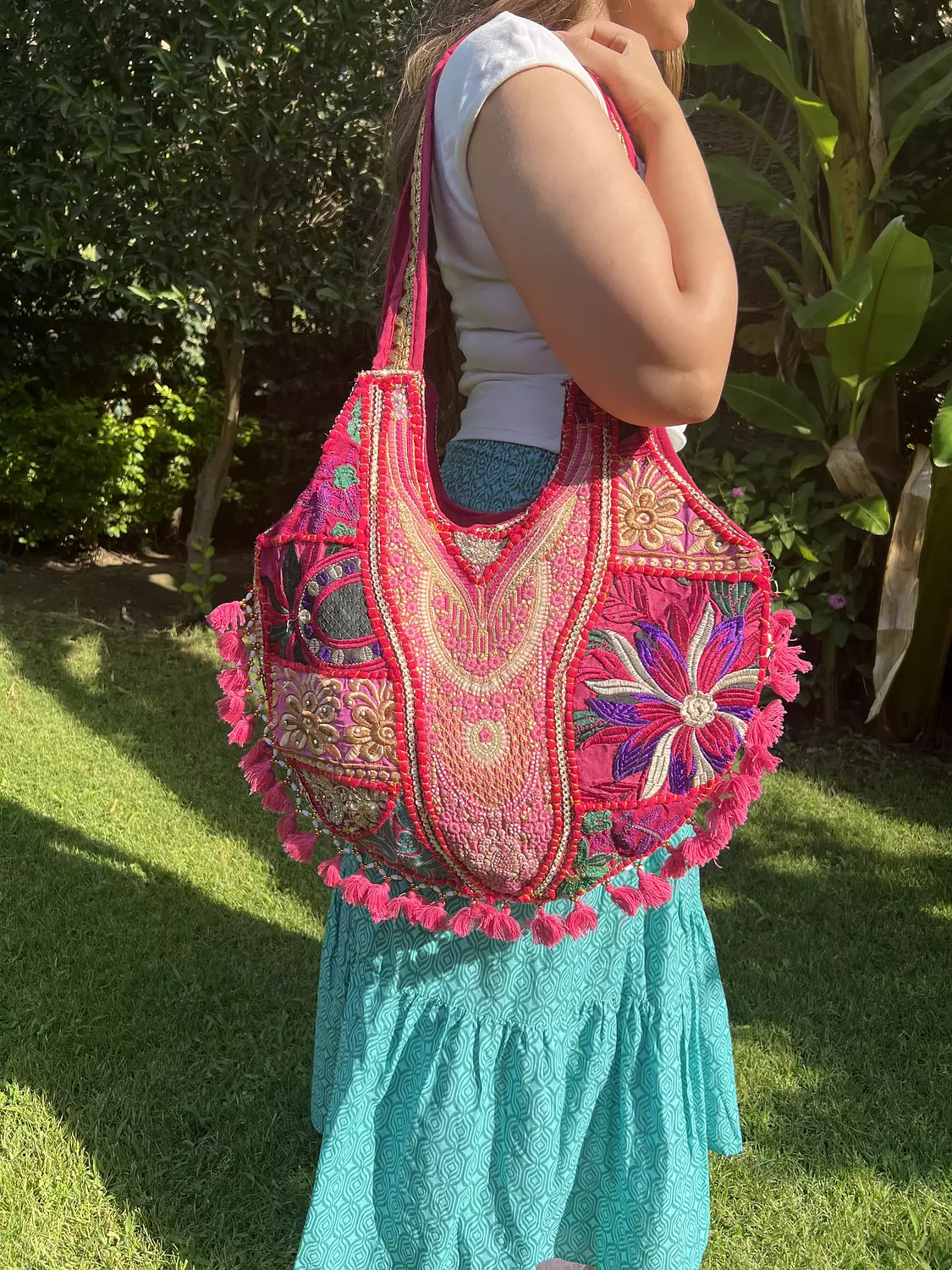 Circular indian boho bag - Fuschia/turquoise Double face  3