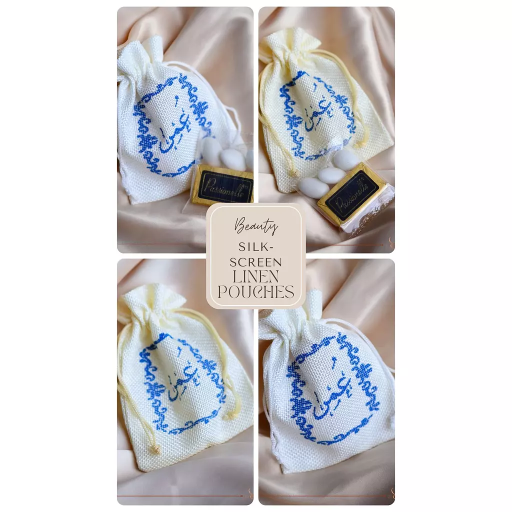 Baby Shower Silk-Screen Linen Pouches (Blue Prints)