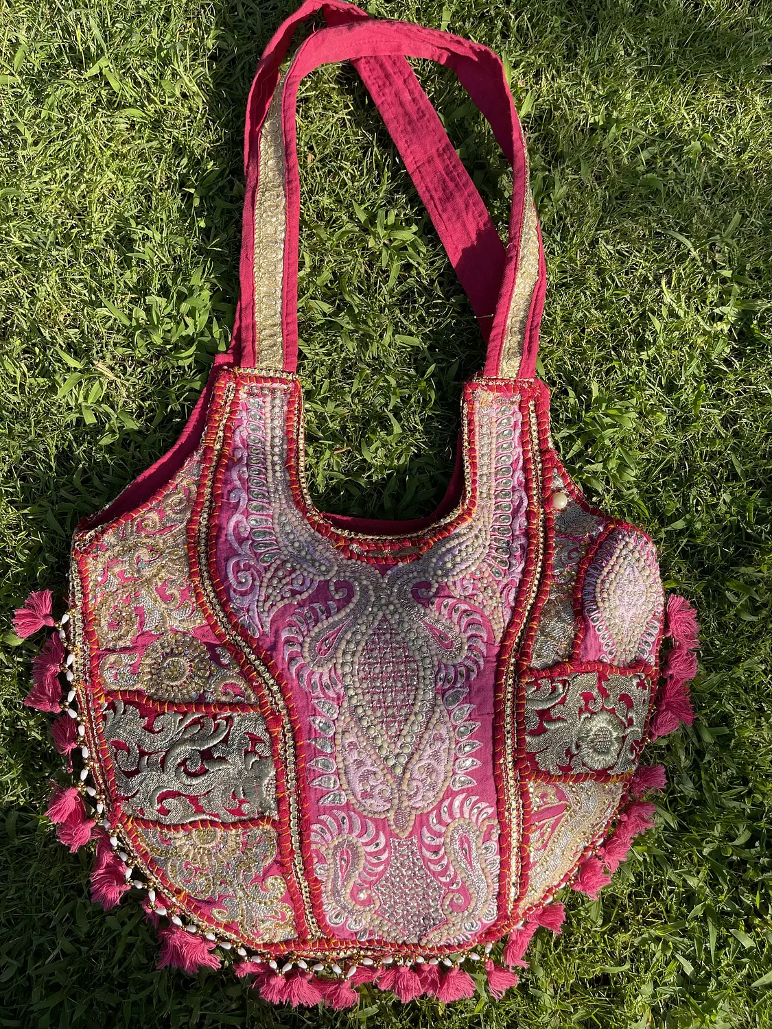 Circular indian Boho bag - Pink/White double face -2nd-img