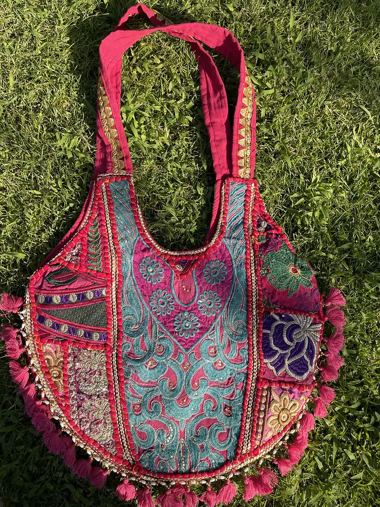 Circular indian boho bag - Fuschia/turquoise Double face 