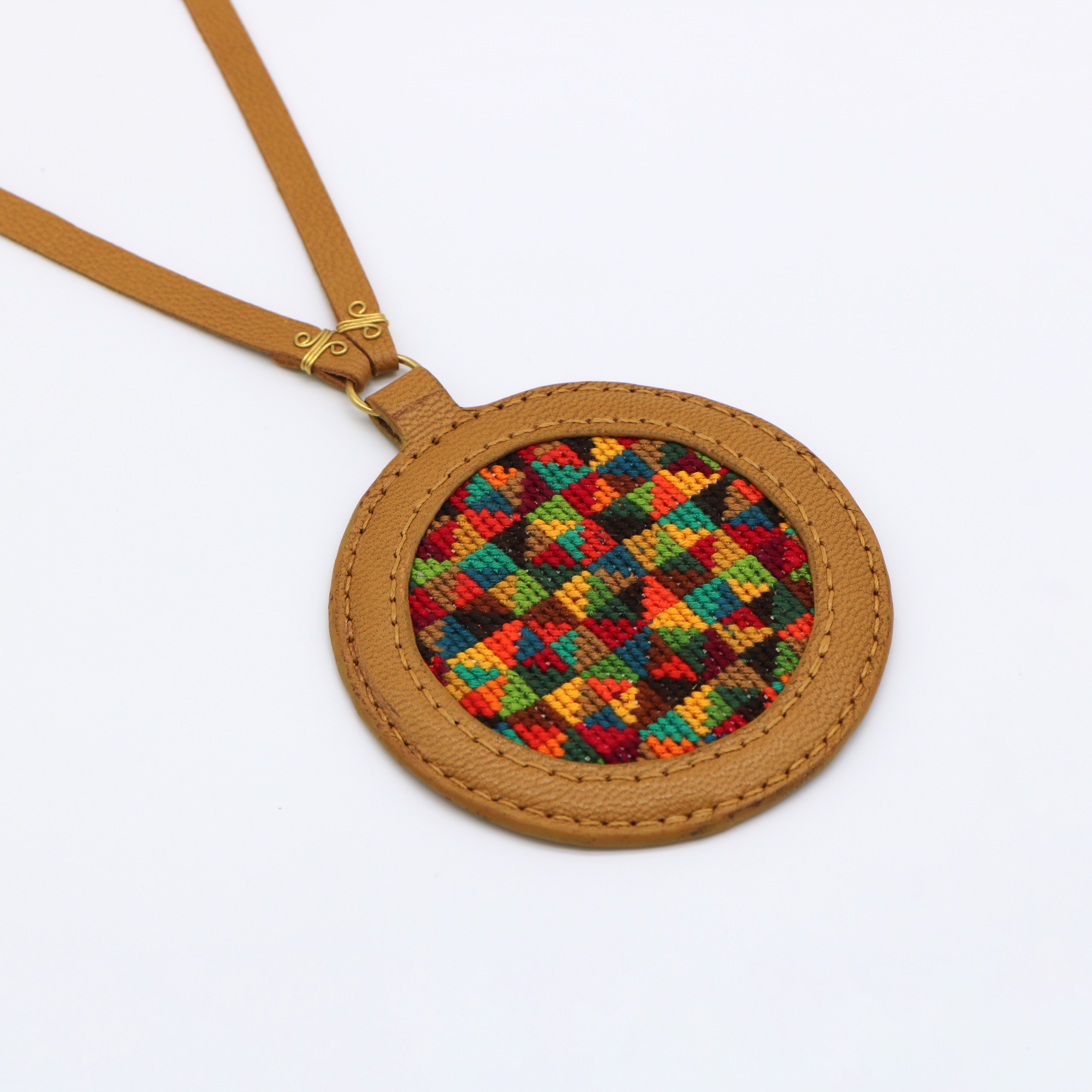 Genuine leather necklace with colorful Cross-stitching