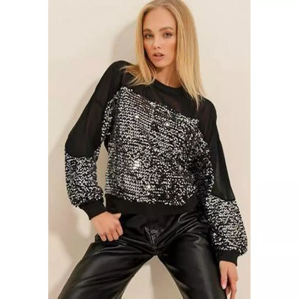 Women's Black Crew Neck Sequin And Tulle Detailed Sweat Blouse