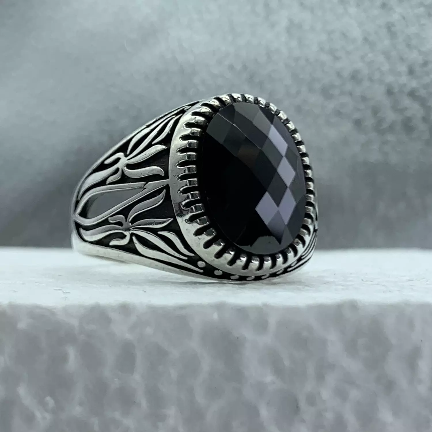 Black stone ring hover image