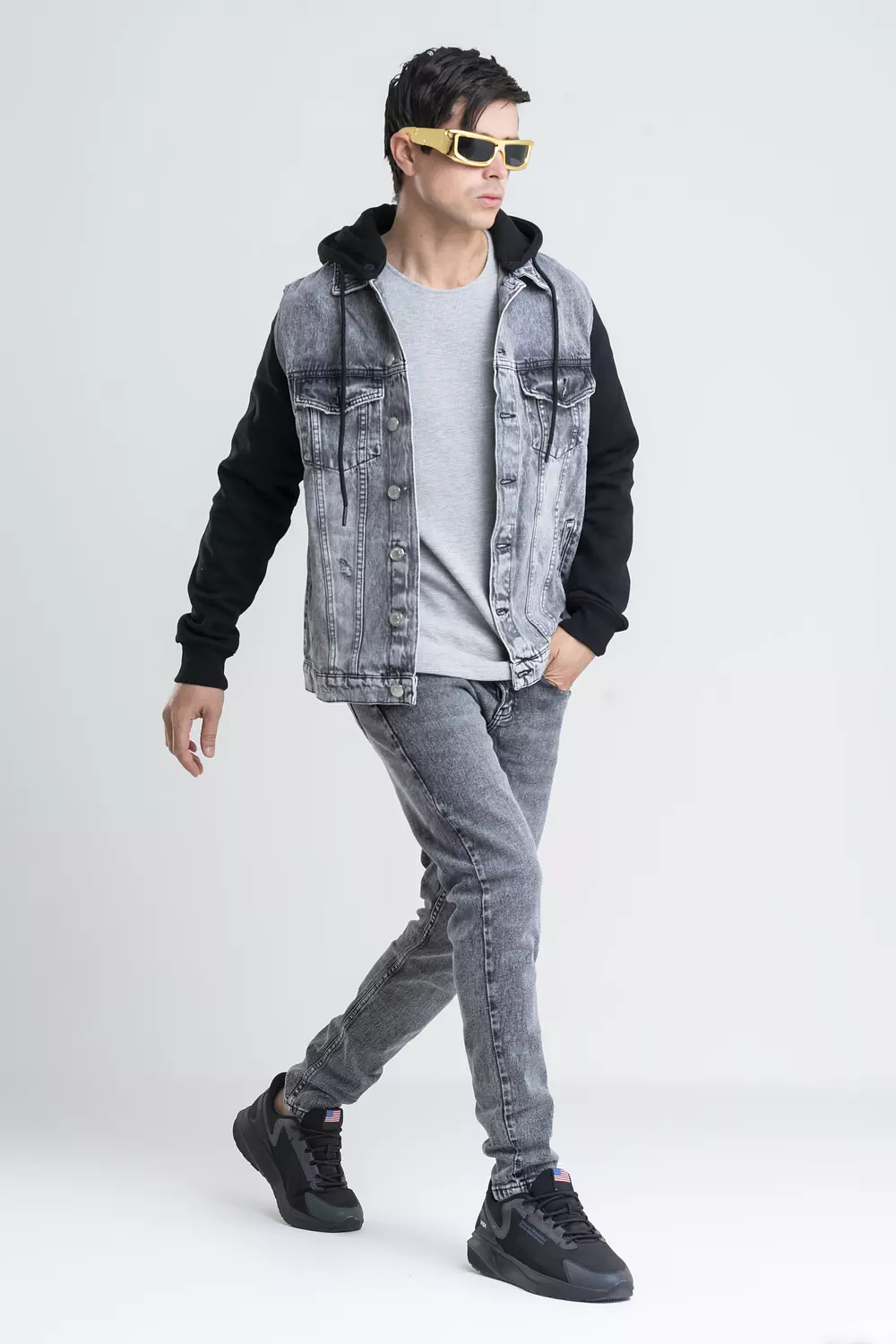 Denim Jacket With Jersey Sleeve And Hood hover image