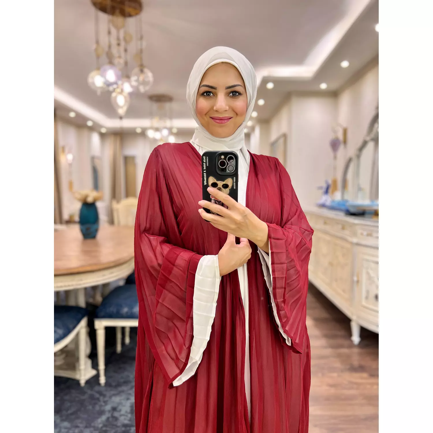 Double-faced Pleated Open Abaya- Maroon & White 11