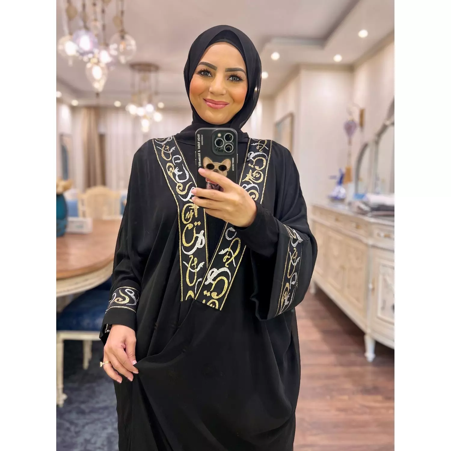 Chiffon Abaya with Arabic Embroidery - Black -2nd-img