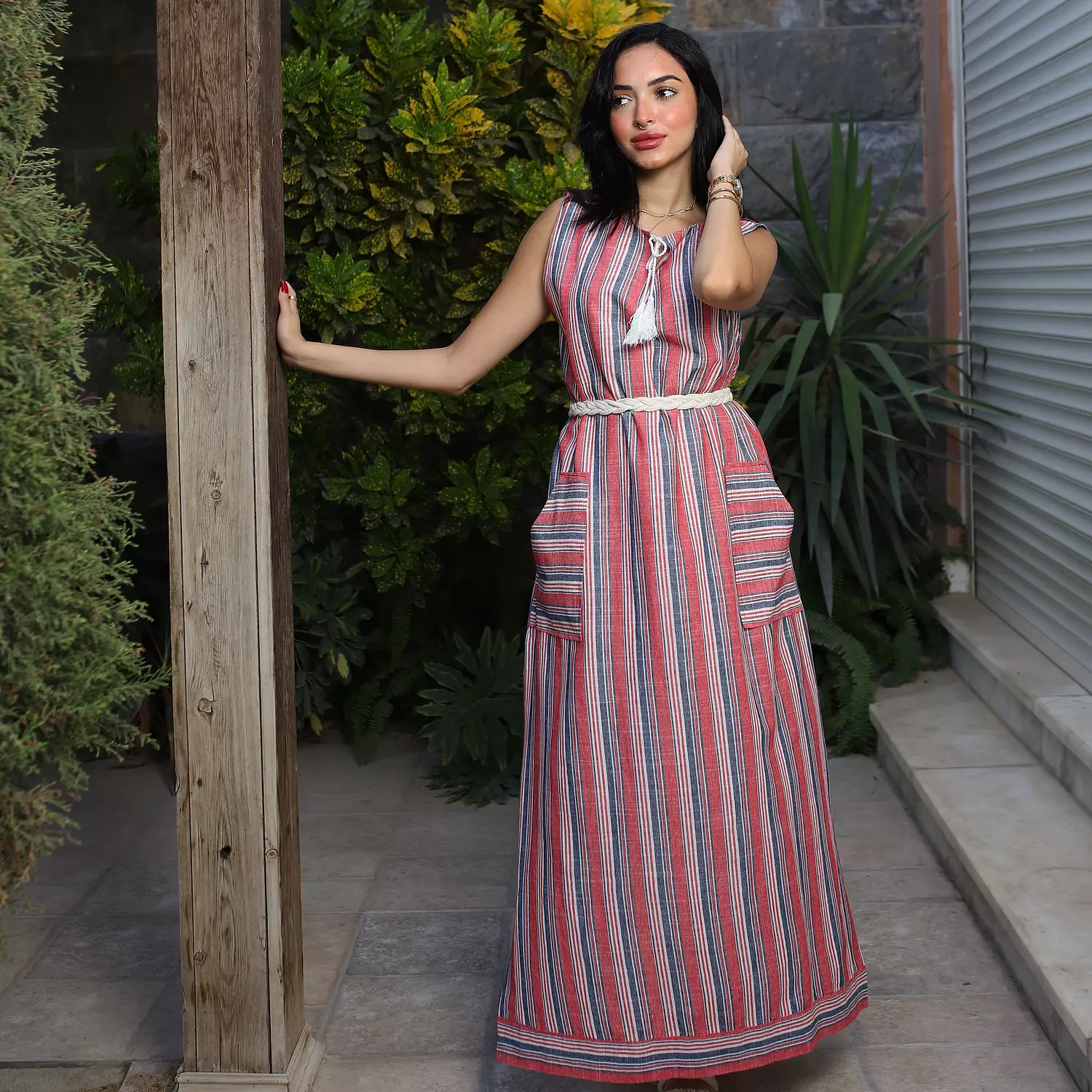 Stripped Linen Dress- Red Blue hover image