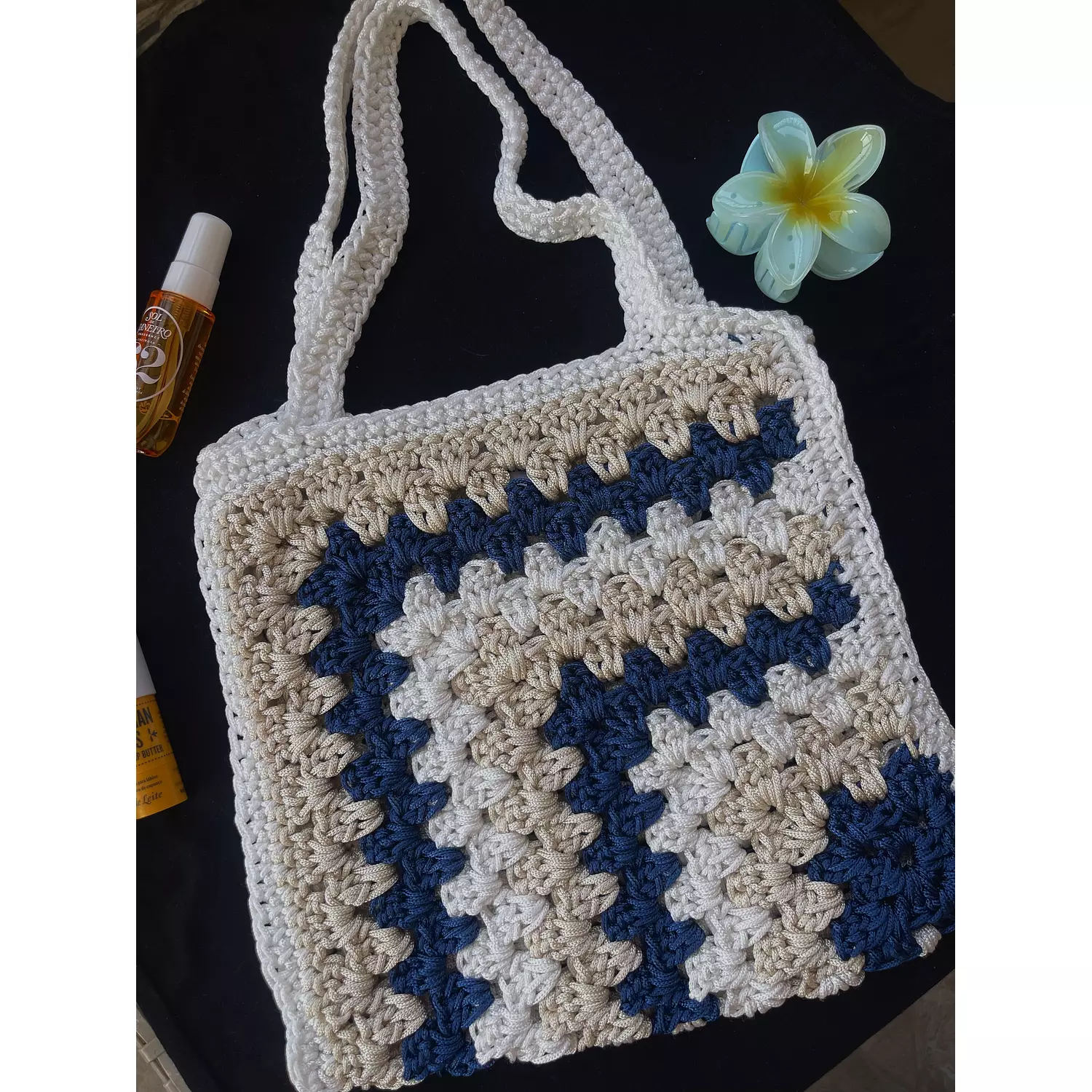 Navy blue granny square crochet tote bag hover image