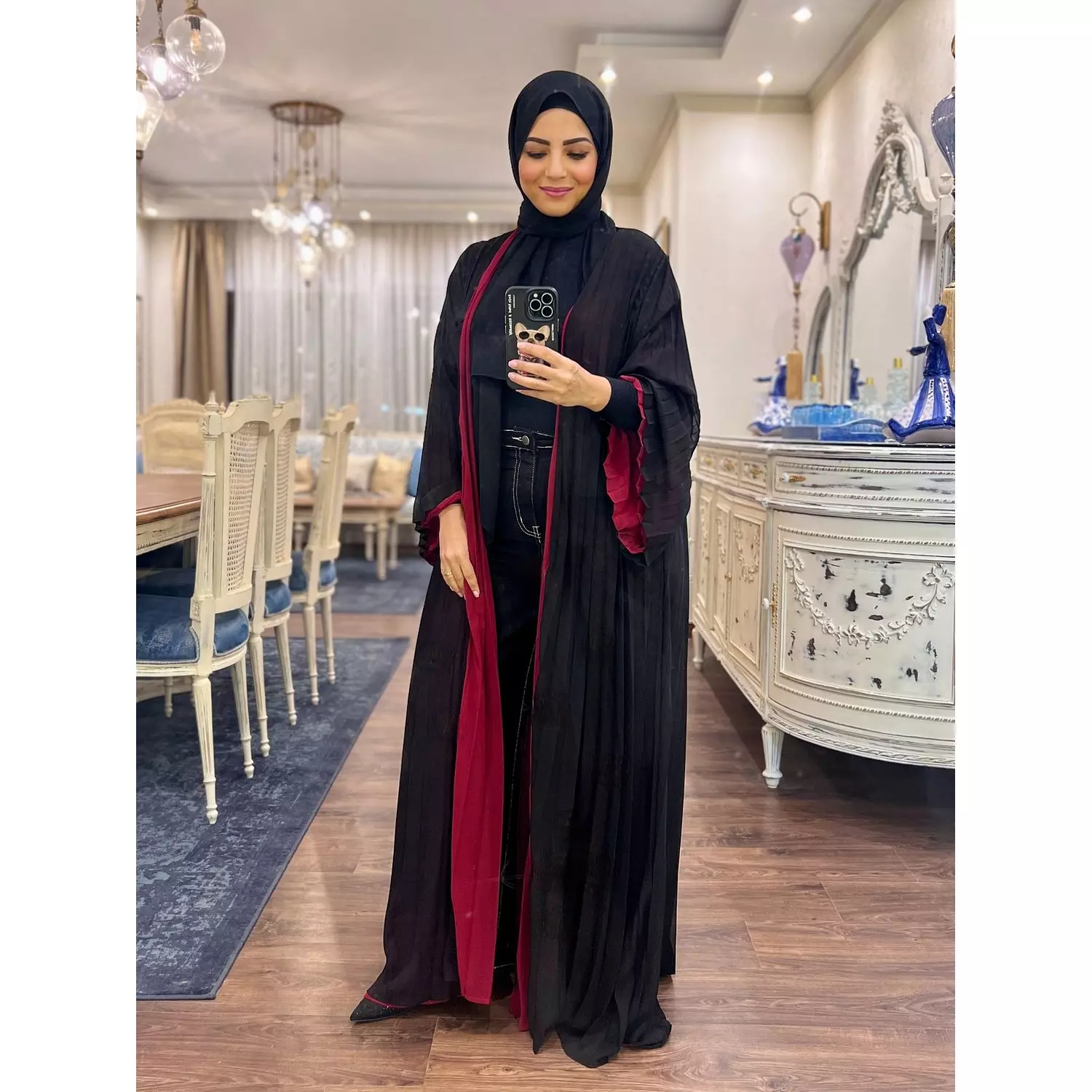 Double-faced Pleated Open Abaya- Black & Maroon-2nd-img