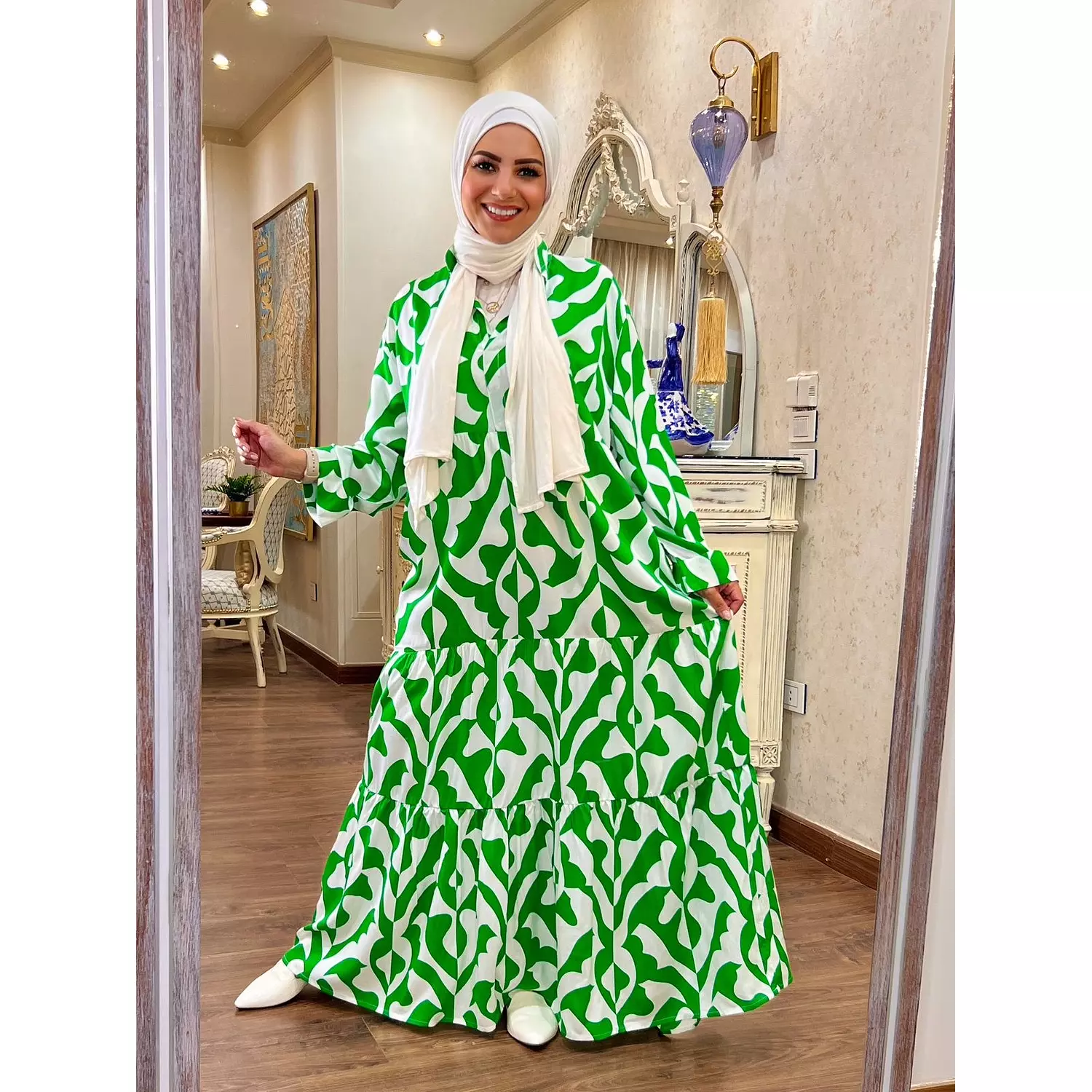 Long Sleeve Over Sized Printed Dress - Green hover image