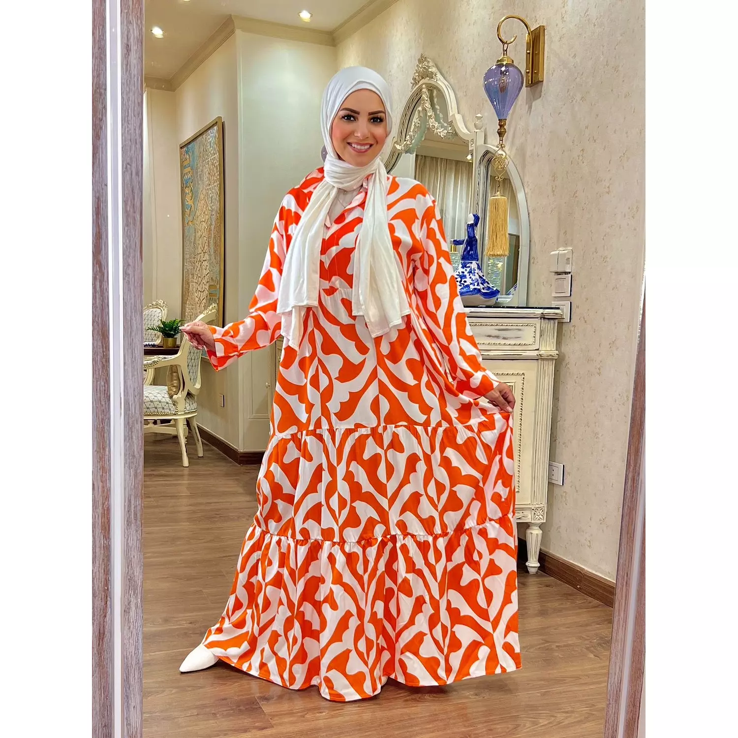 Long Sleeve Over Sized Printed Dress - Orange hover image