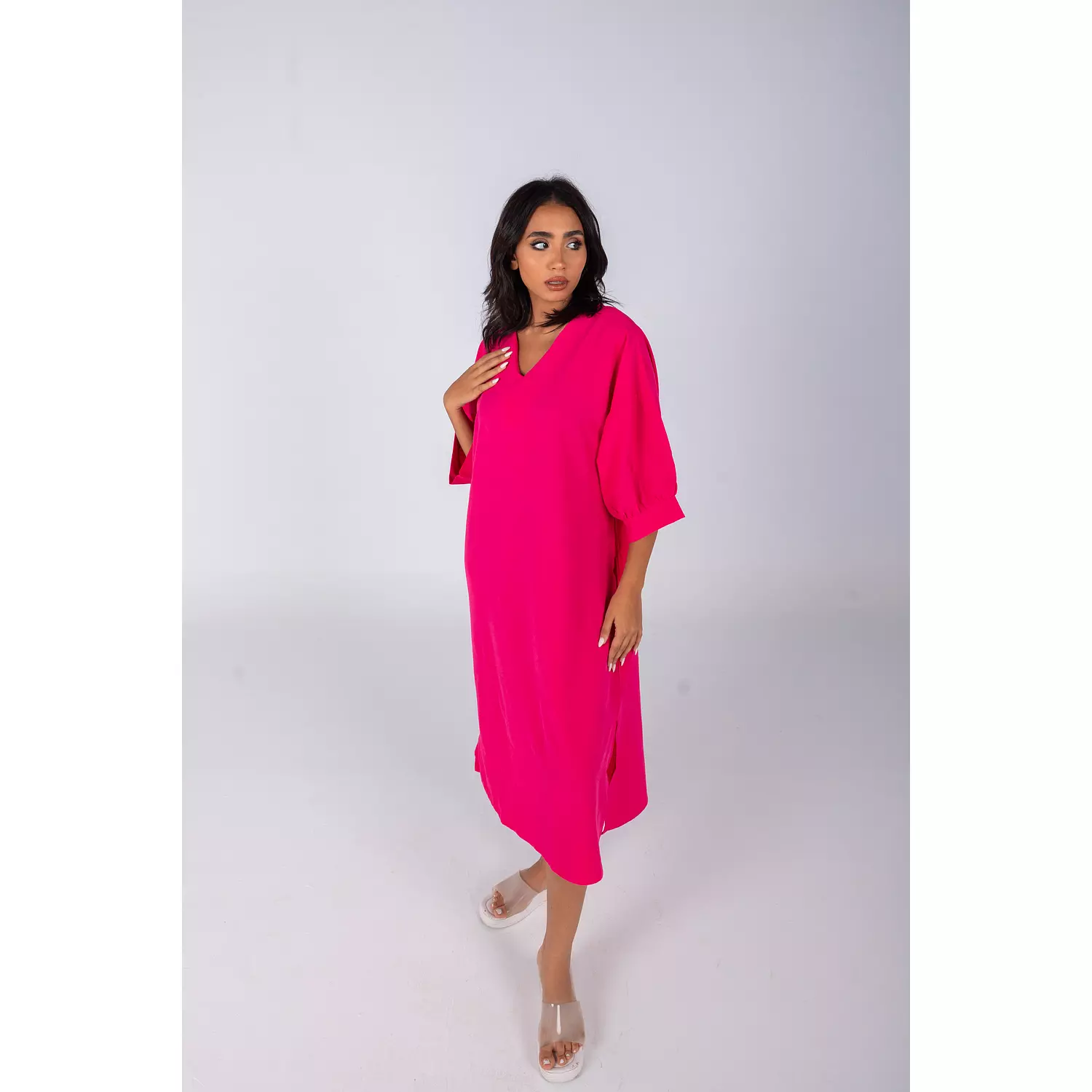 Hot Pink Plain Linen Dress 1