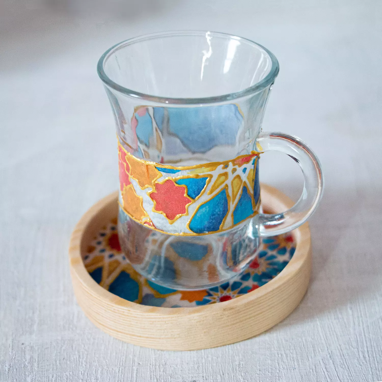 Blue Islamic Stars Glass Cup Wooden Coaster-per piece 2