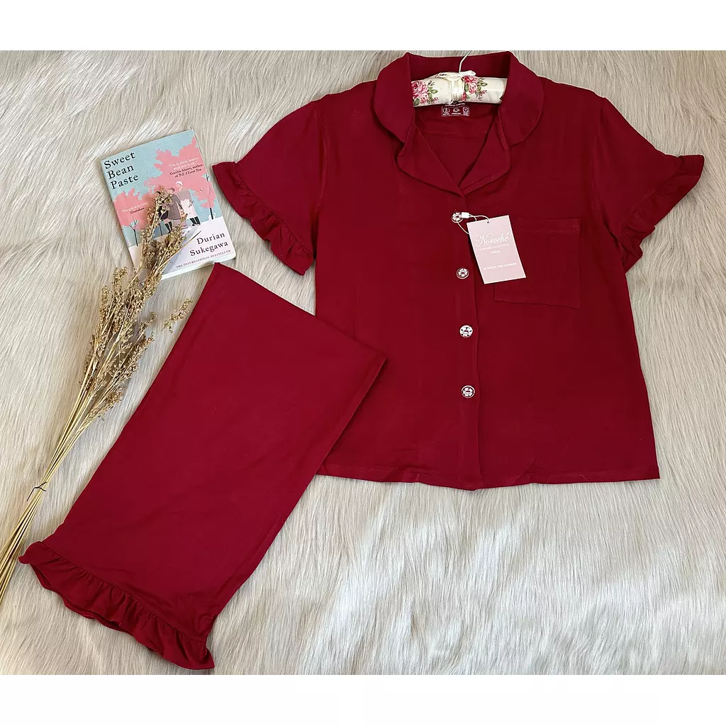 Deep Burgundy Ruffled Cotton Pajamas