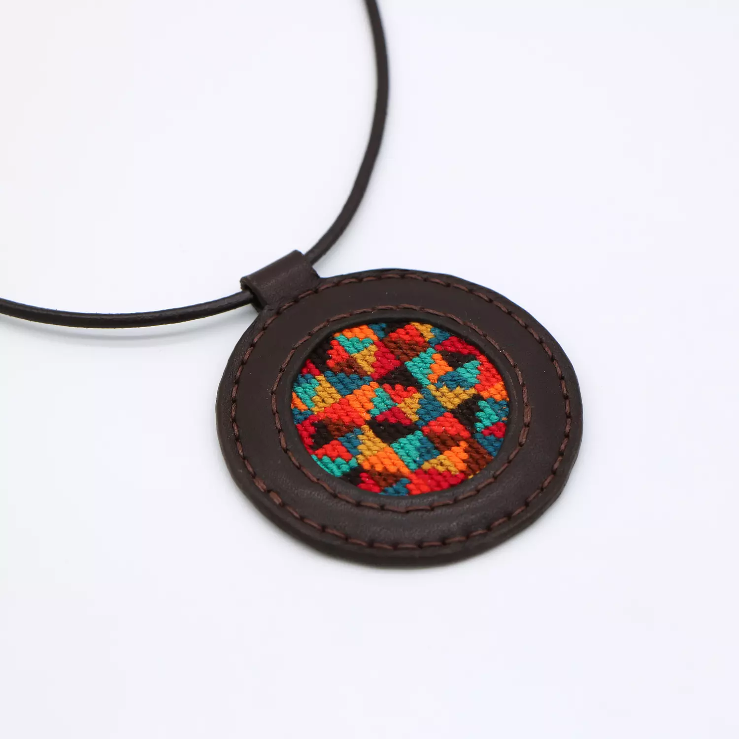 Genuine leather necklace with colorful Cross-stitching hover image