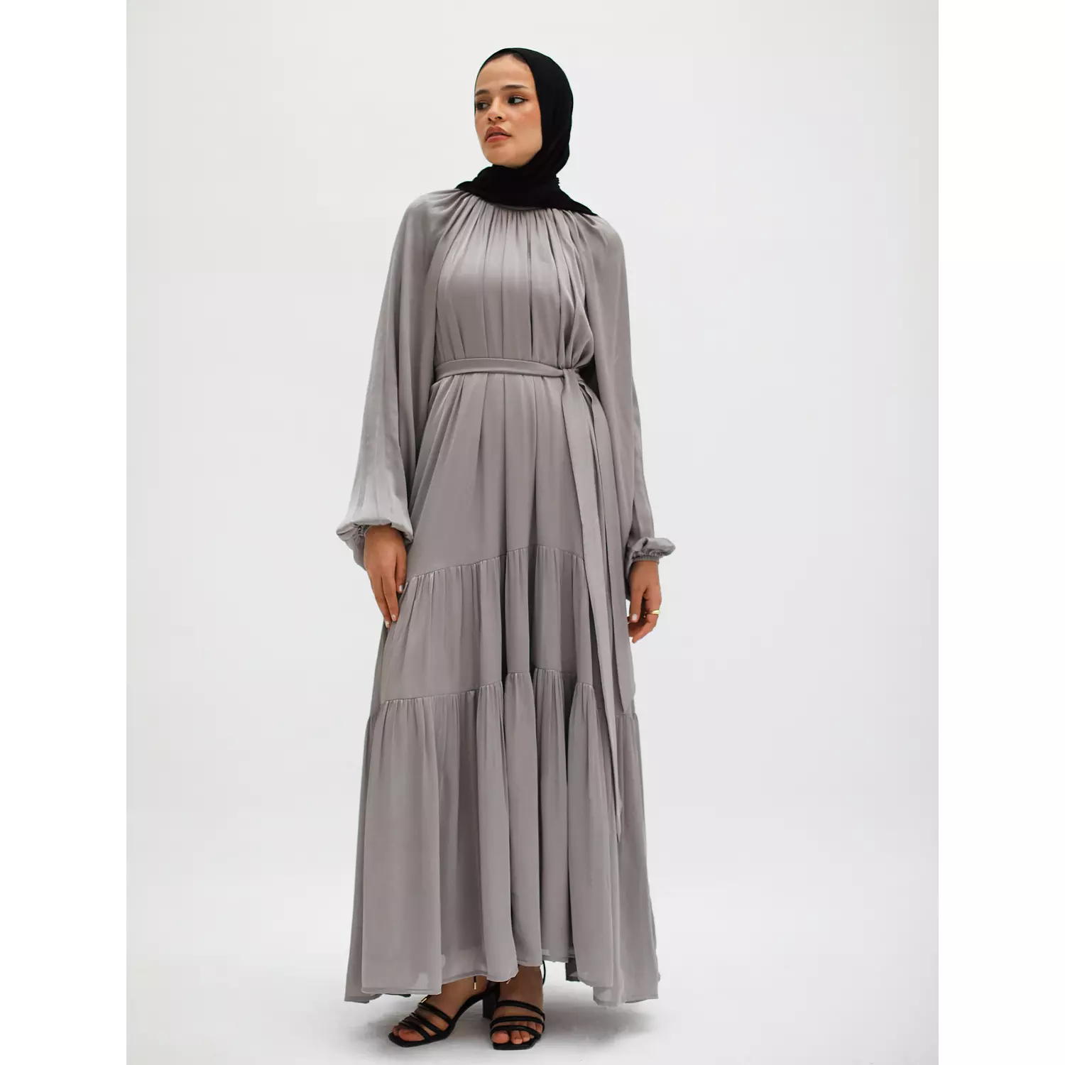 Shimmery Satin Layered Dress in Grayish 2