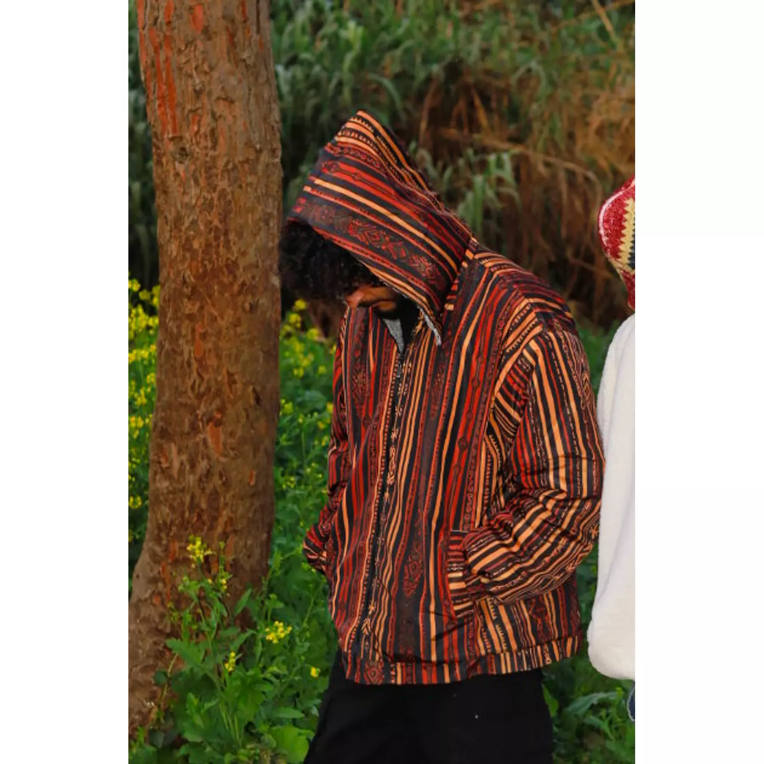 Hooded Warm Colored Patterned Ethnic Bomber Jacket hover image