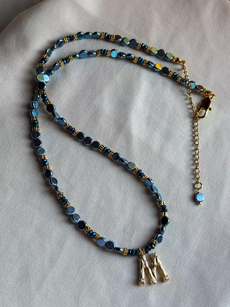 Hematite Letter Necklace " Blue " ( By Order )