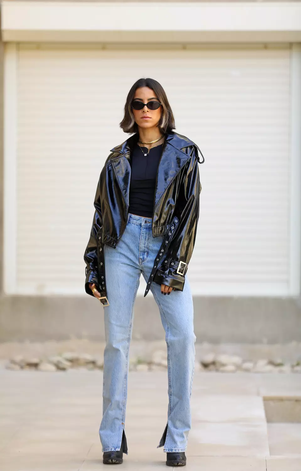 Black glossy cropped jacket  hover image