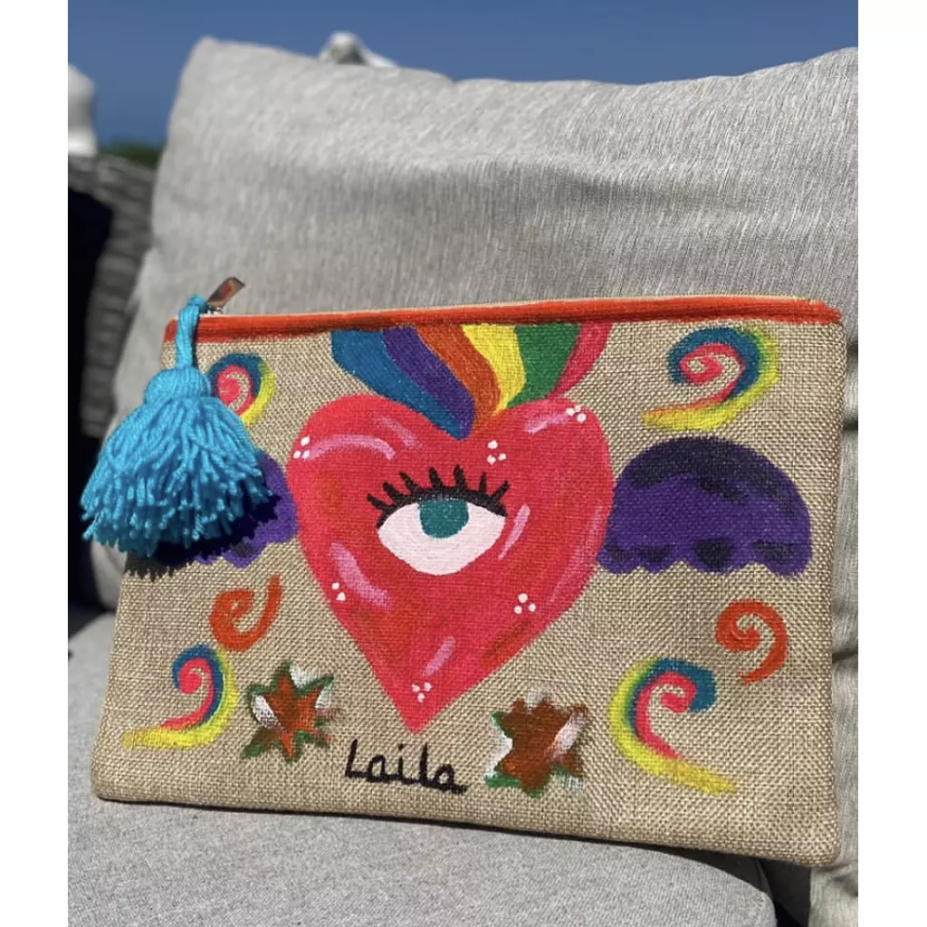 Heart-Rainbow Heart Handpainted Burlap Pouch