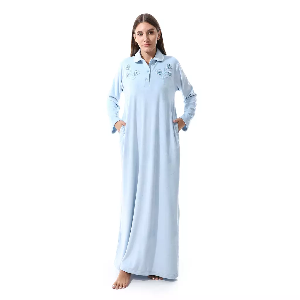 Shorto Collar Fleece Flower Embroidery Nightgown - Baby Blue - 2645 