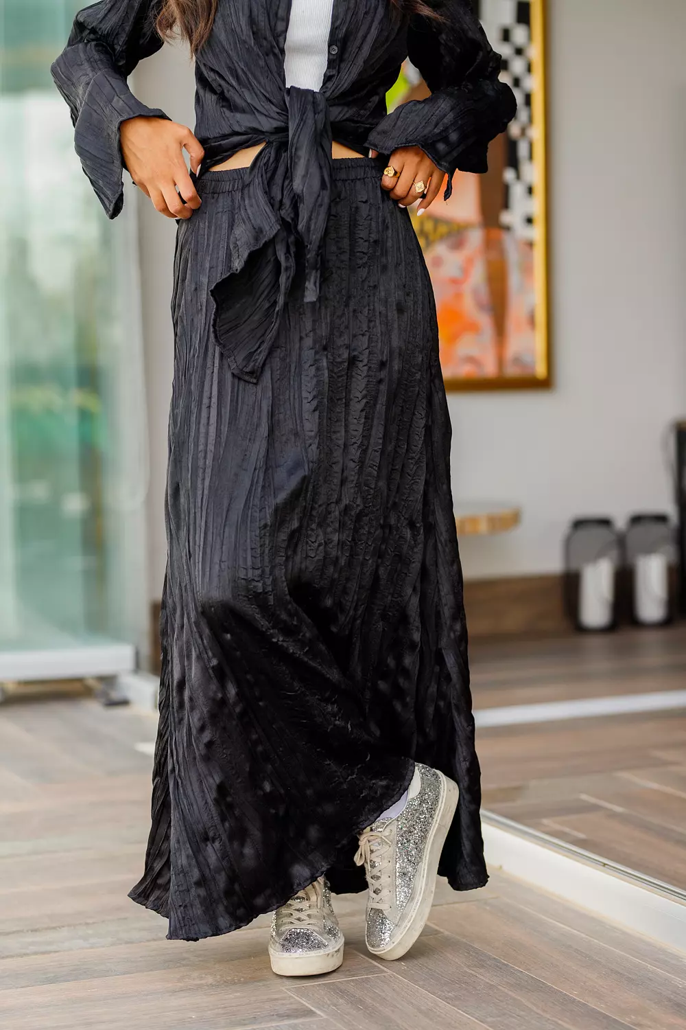 Black crushed maxi satin skirt -2nd-img