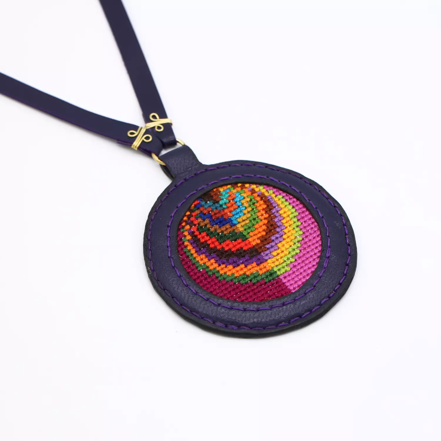 Purple genuine leather necklace with colorful Cross-stitching hover image