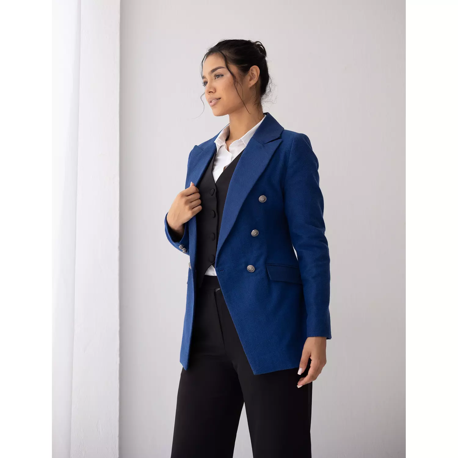 Azure blue tweed wool double breasted blazer  4