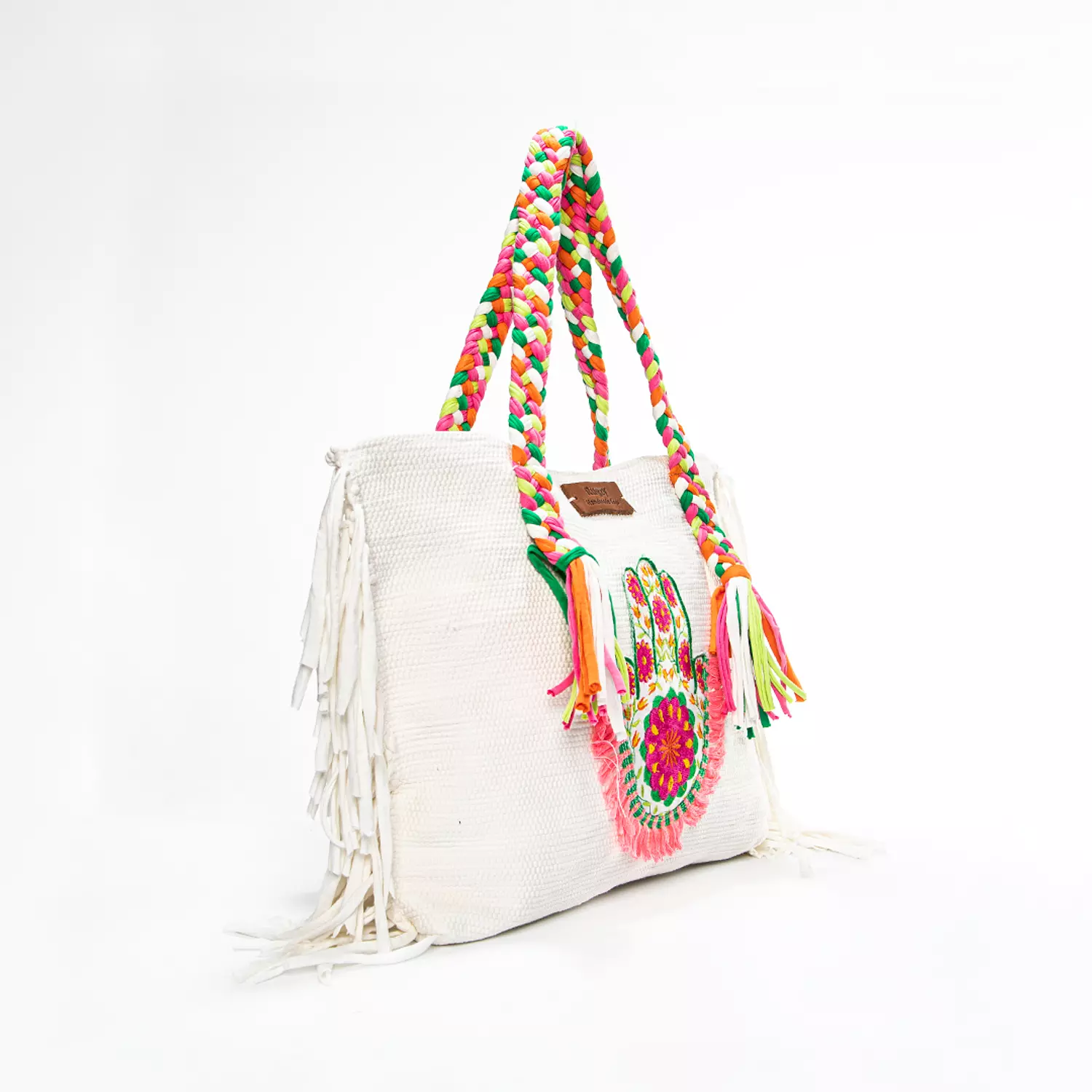 White Kilim Tote Bag with Hamsa Hand Badge 1