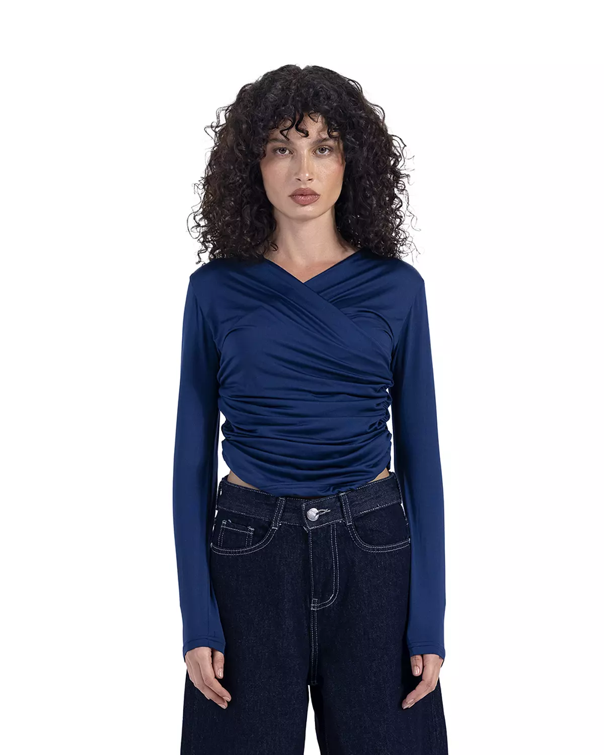 Navy Blue Ruched Top  Long Sleeve       hover image