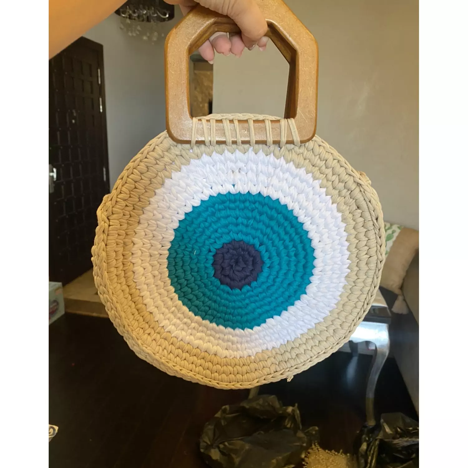 Round Turkish Eye crochet Handbag wood handles (by order) 5