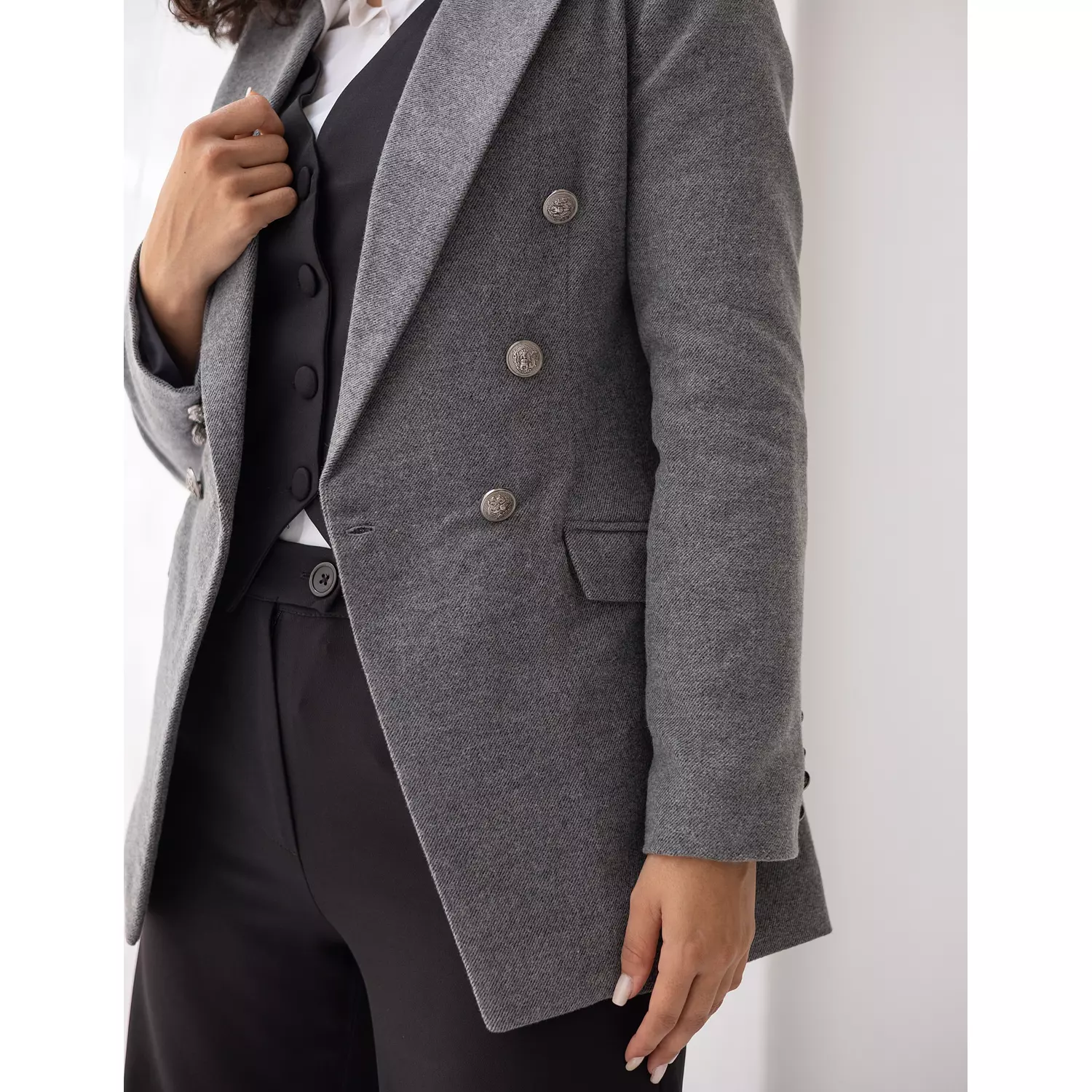 Iron gray tweed wool double breasted blazer  10