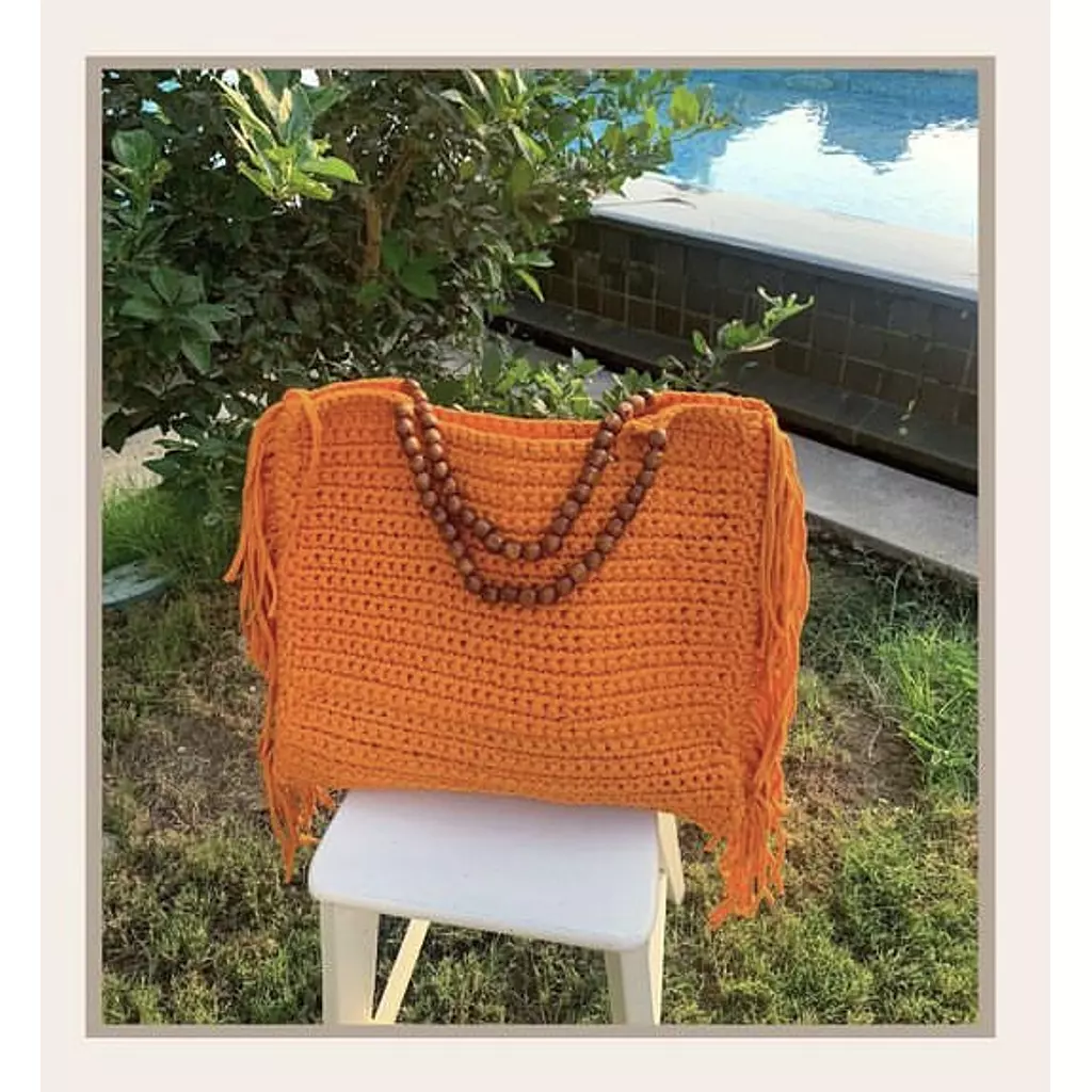 Orange Bead Handle Crochet Fringe Tote (by order)