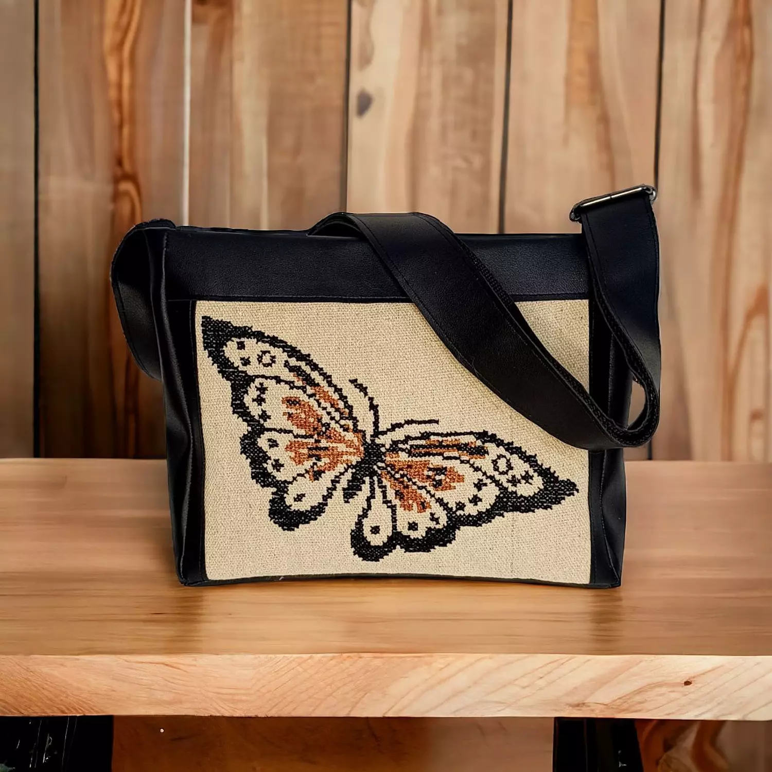 Black leather and beige dekke with handmade embroidery butterfly (A.91-4) 4