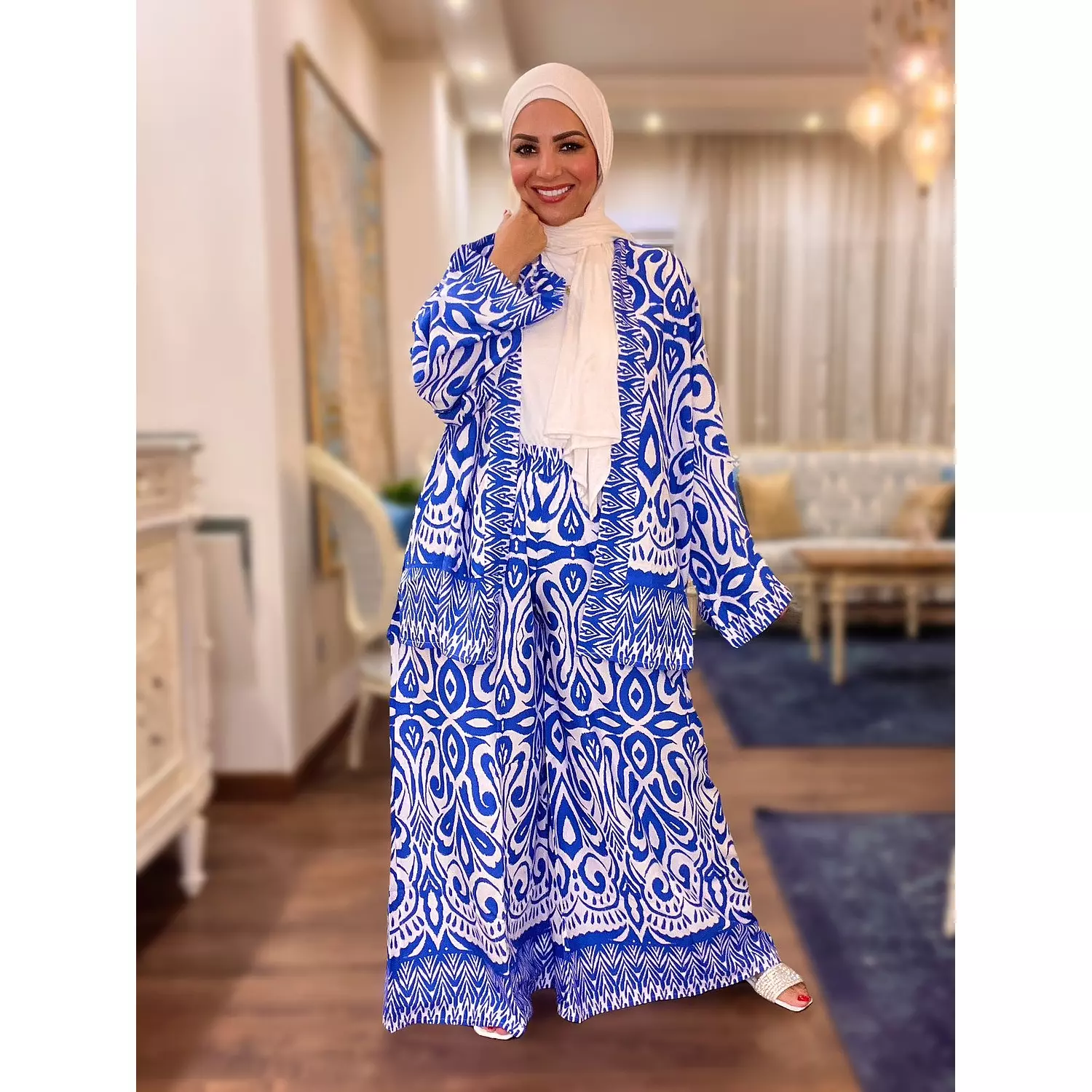 Printed Summer Suit (Kimono + Wide-leg Pants)- Blue hover image