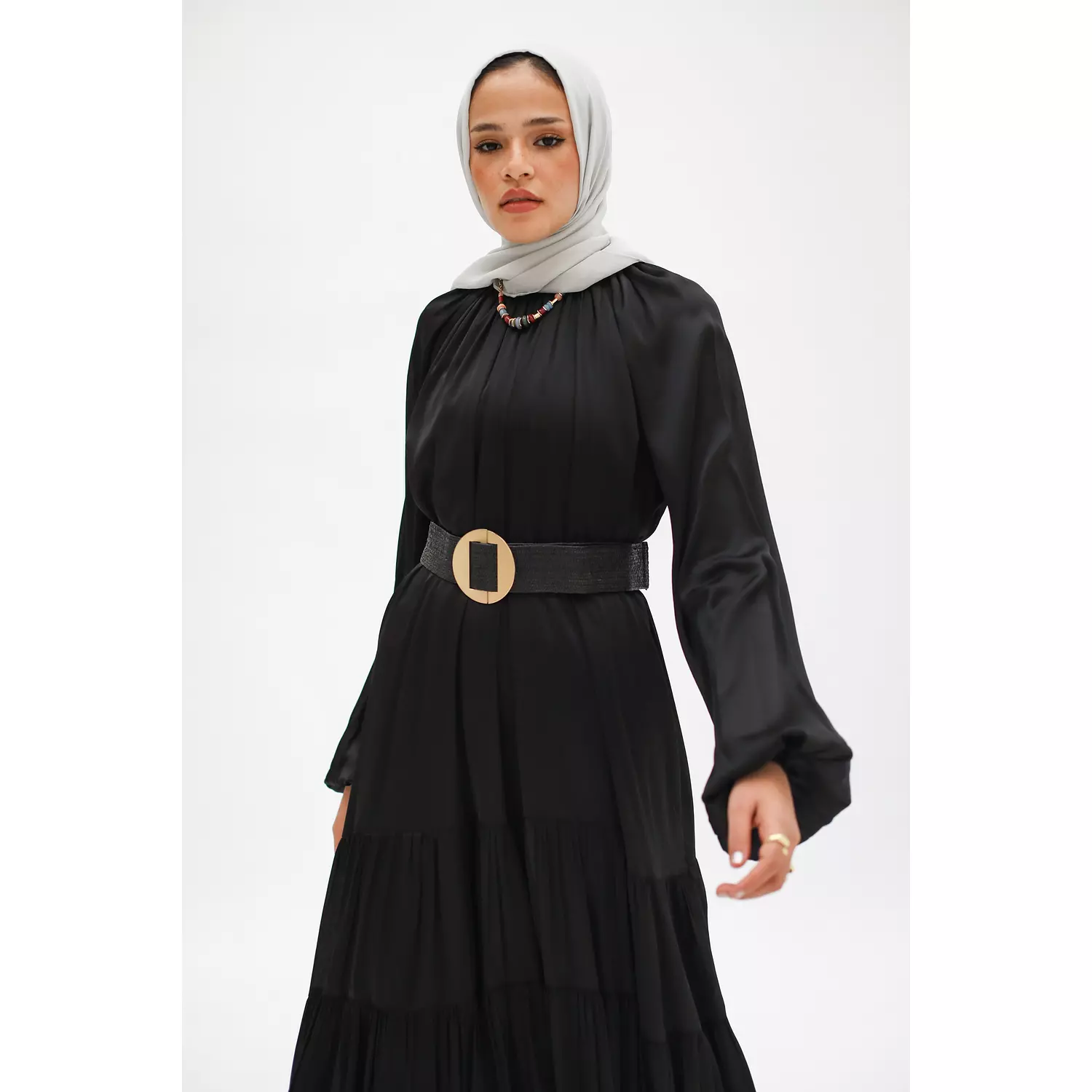 Shimmery Satin Layered Dress in Black hover image